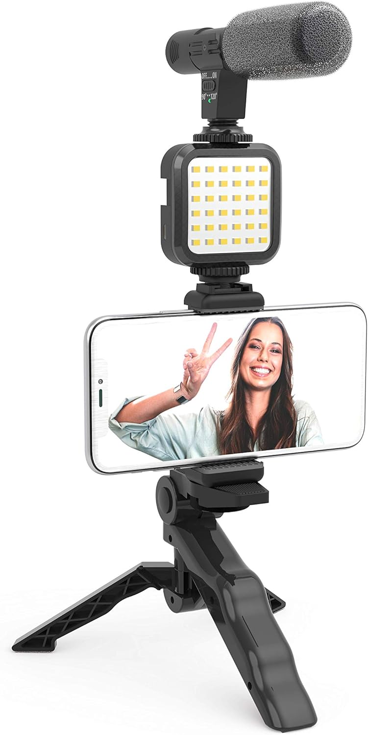 LED Video Light + Microphone + Mobile Phone Holder + Hand Grip/Mini Tripod