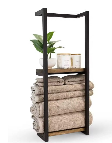 1 Étagère de salle de bain à 2 niveaux, rangement mural pour serviettes et couvertures, structure en bois et métal