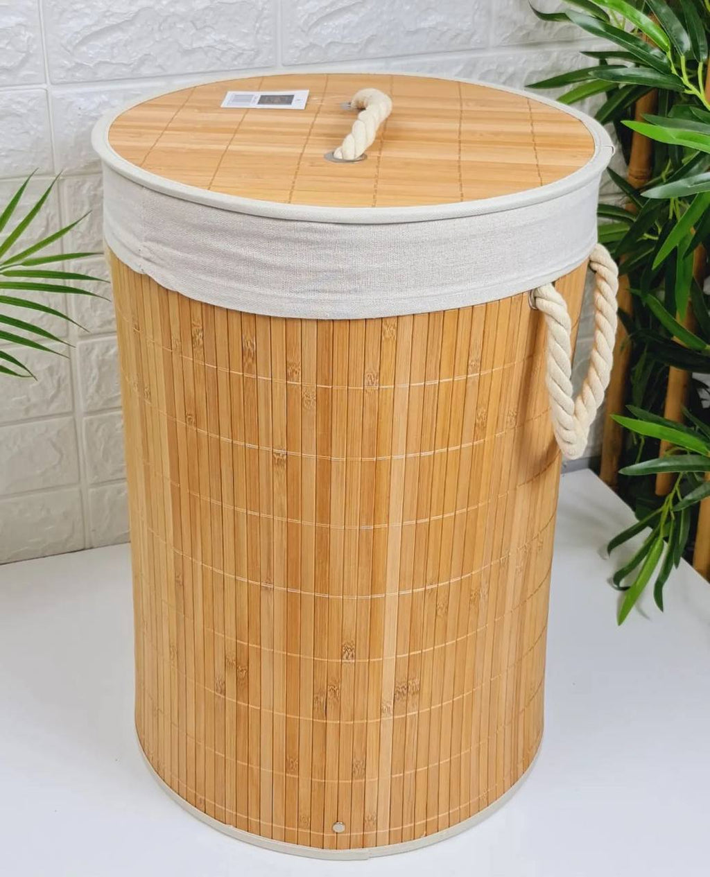 سلة غسيل قابلة للطي من الخيزران مع غطاء ومقبض