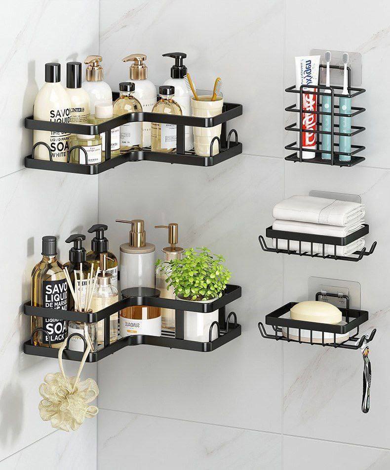 🛁 طقم رف معدني أسود (5 قطع) لتنظيم الحمام والمطبخ